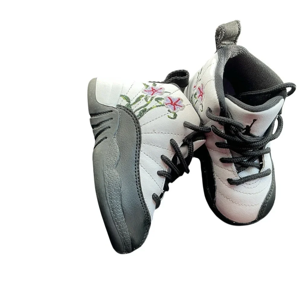 Air Jordan 12 Retro White Black Floral Toddler Crib Shoes size 5c‎